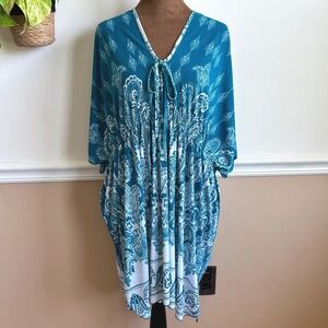 Jessica Taylor NYC Teal Paisley Kaftan Dress Plus Size 3X Boho Kimono Sleeve